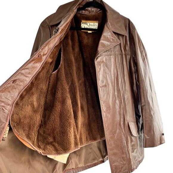 Vintage men's 1970's size 42 chocolate brown faux fur lining leather coat - Picture 2 of 6